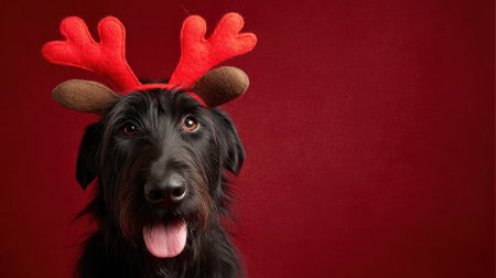 A black dog with a happy expression and red reindeer antlers on its head, set against a solid red background.の素材