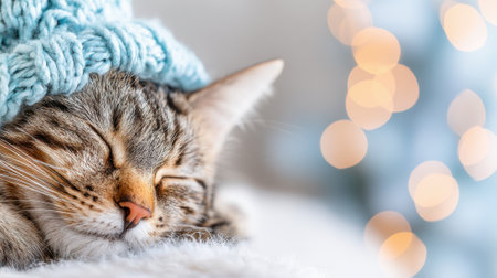 A close-up of a tabby cat sleeping peacefully under a soft blue knitted scarf, with warm bokeh lights in the background.の素材
