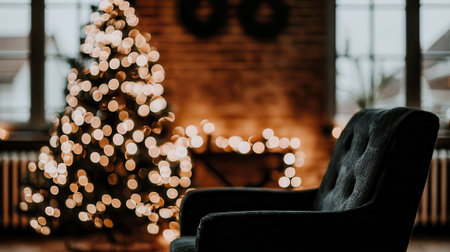 A warm and inviting living room scene featuring a beautifully lit Christmas tree and a plush armchair, perfect for holiday relaxation.の素材