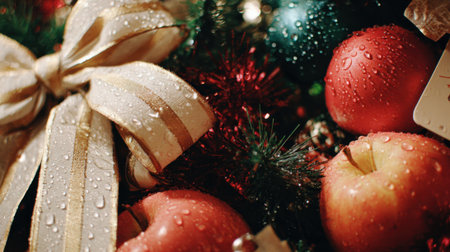 A festive close-up of shiny red apples adorned with water droplets, nestled amongst sparkling Christmas tree branches and a decorative bow.の素材