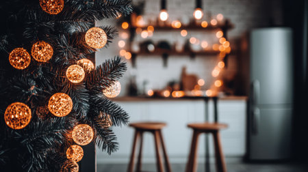 A warm and inviting kitchen decorated for Christmas, featuring a decorated tree with glowing lights and a blurred background of the kitchen counter and stools.の素材