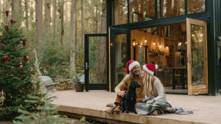 A couple wearing Santa hats and their dog sit on the deck of a modern cabin, with a Christmas tree nearby.の素材