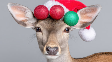 A close-up portrait of a young fallow deer with a festive Santa hat adorned with red and green ornaments, set against a neutral gray background.の素材