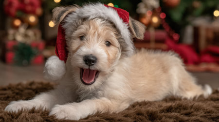 A small, adorable, fluffy dog with a Santa hat on its head is yawning widely. The background is blurred with Christmas lights and a tree.の素材