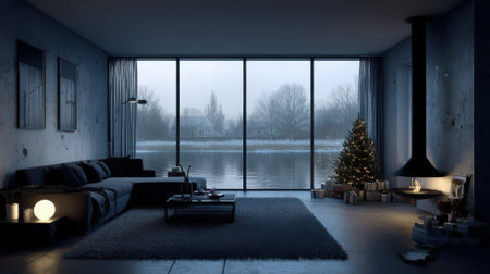 A contemporary living room with a large window showcasing a serene, misty winter scene, featuring a decorated Christmas tree and a warm fireplace.の素材