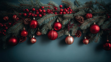 A beautiful Christmas garland featuring lush green pine branches, adorned with shiny red ornaments and natural pine cones, set against a dark, textured background.の素材