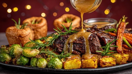 A close-up of a hearty roast dinner, featuring tender meat, roasted vegetables, and Yorkshire puddings, with gravy being poured over.の素材