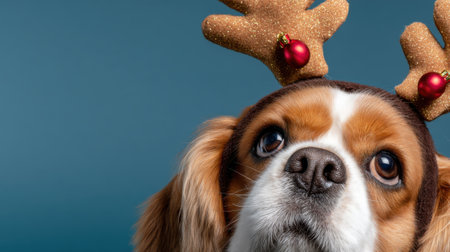 A close-up portrait of a Cavalier King Charles Spaniel dog looking up with a festive holiday expression, wearing reindeer antlers with red ornaments.の素材