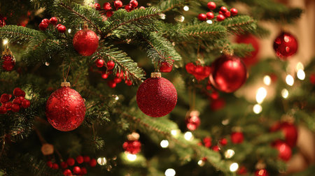 A festive and detailed view of a Christmas tree, showcasing red baubles, berries, and twinkling lights, evoking holiday cheer.の素材