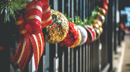 Close-up of a colorful Christmas garland featuring ornaments, candy canes, and ribbons draped over a dark metal railing, evoking holiday cheer.の素材