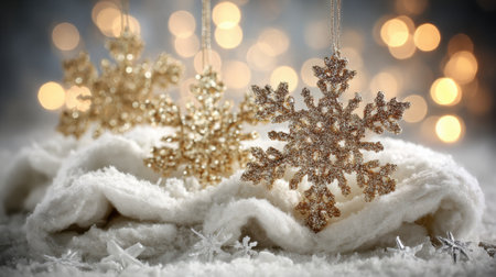 Close-up of shimmering golden snowflakes resting on a soft, white knitted scarf, with a blurred background of warm, glowing bokeh lights.の素材