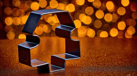 A close-up shot of a metallic recycling symbol placed on a textured surface, with a background of blurred golden bokeh lights.の素材