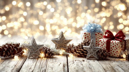 A warm and inviting Christmas scene featuring decorated gift boxes, pinecones, and star ornaments, set against a backdrop of soft, blurred bokeh lights.の素材