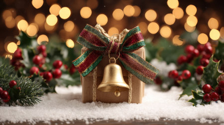 A beautifully wrapped Christmas gift box adorned with a festive ribbon and a golden bell, surrounded by snow, holly, and bokeh lights.の素材