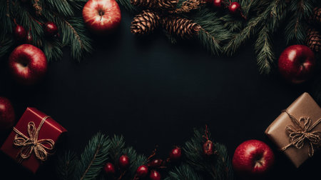 A dark, moody Christmas border featuring red apples, pinecones, fir branches, and wrapped gifts, perfect for holiday designs.の素材