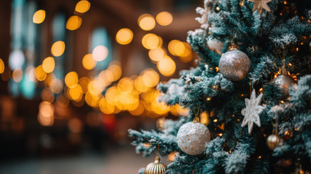 A close-up of a decorated Christmas tree with ornaments and lights, set against a blurred background of warm bokeh lights.の素材