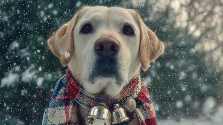 A heartwarming close-up of a golden Labrador retriever with a plaid scarf and jingle bells, looking directly at the camera amidst falling snowflakes.の素材