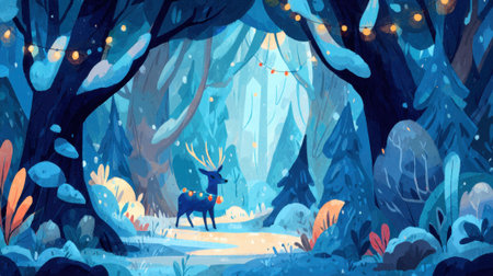 A magical winter forest illuminated by soft lights, featuring a solitary deer standing in a clearing.の素材