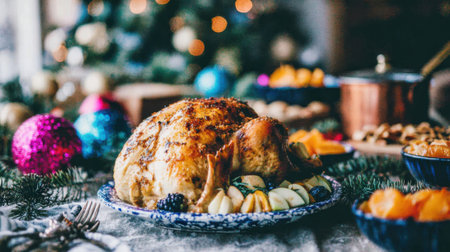 A beautifully roasted turkey centerpiece on a holiday table, adorned with festive Christmas ornaments and a blurred background of a decorated tree.の素材