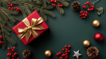 A vibrant red gift box with a golden bow sits amidst a rich, dark green backdrop, adorned with pine branches, berries, pinecones, and baubles.の素材