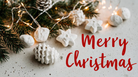 A close-up view of a Christmas tree branch adorned with pinecones, fairy lights, and small white meringue cookies, with the words Merry Christmas written in red script.の素材