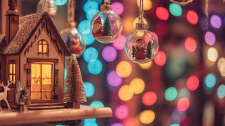 A charming miniature Christmas village house with warm lights, set against a backdrop of colorful bokeh lights and festive ornaments.の素材