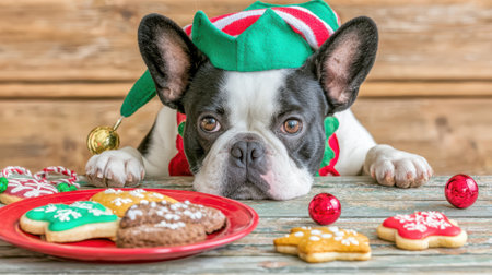 A cute French Bulldog dressed as an elf with Christmas cookies on a wooden table, celebrating the holiday season.の素材
