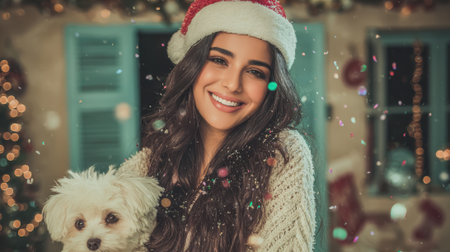 A joyful woman wearing a Santa hat smiles warmly while holding a small white dog. The background features festive Christmas lights, creating a cozy holiday atmosphere.の素材