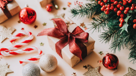 A close-up view of Christmas gifts, candy canes, ornaments, and pine branches, creating a festive holiday scene.の素材