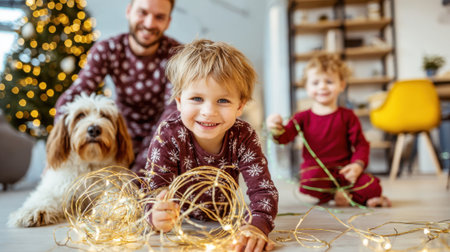 A joyful family, including two young children and a dog, are gathered around Christmas lights and decorations, embodying the spirit of the holiday season.の素材