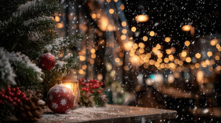 A close-up of a snow-covered Christmas tree branch with ornaments and a lantern, set against a bokeh background of warm, twinkling lights.の素材