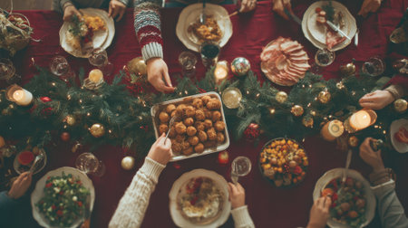 A warm and inviting scene of a family gathering for a holiday meal, with hands reaching for dishes and festive decorations.の素材