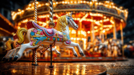 A close-up of a beautifully decorated carousel horse, its vibrant colors glowing under the warm lights of a nighttime amusement park.の素材