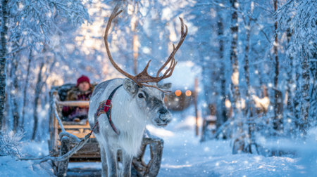 A person enjoys a magical sleigh ride pulled by a reindeer through a snow-covered forest.の素材
