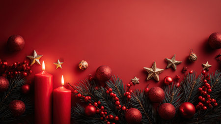 A warm and inviting Christmas scene featuring lit candles, red ornaments, pine branches, and berries against a vibrant red backdrop.の素材