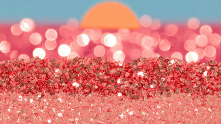 A vibrant coral glitter landscape with soft bokeh lights and a warm sunset.の素材