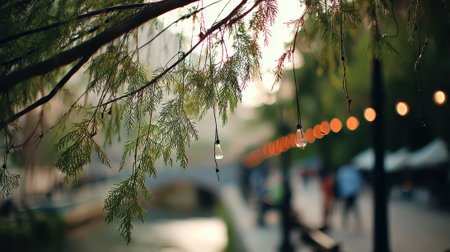 A close-up view of tree branches with leaves, with a blurred background of glowing string lights and people enjoying an outdoor evening.の素材
