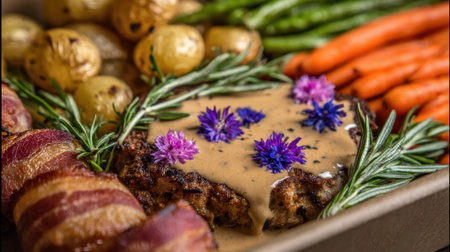 A beautifully plated meatloaf dish featuring roasted potatoes, carrots, asparagus, and bacon-wrapped sides, garnished with fresh rosemary and delicate edible flowers.の素材