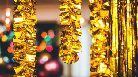 Close-up view of shiny golden tinsel garlands hanging, creating a festive and celebratory atmosphere. Bokeh lights in the background.の素材