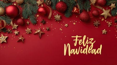 A vibrant red background adorned with lush green fir branches, sparkling golden stars, and shiny red Christmas ornaments, with Feliz Navidad elegantly scripted in gold.の素材