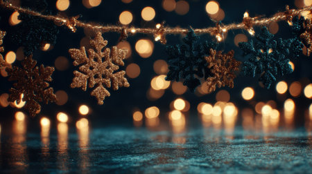Close-up of decorative snowflakes hanging against a backdrop of warm, glowing bokeh lights, creating a magical winter atmosphere.の素材