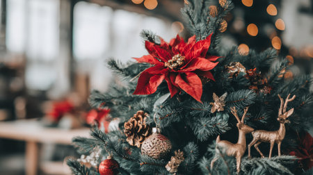 Close-up of a beautifully decorated Christmas tree featuring a vibrant red poinsettia flower, golden reindeer figurines, pinecones, and baubles, set against a softly blurred background with bokeh lights.の素材