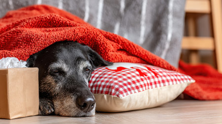 An old dog with gray fur rests its head on a pillow, looking sad and tired under a red blanket.の素材