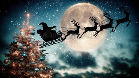A silhouette of Santa Claus in his sleigh pulled by reindeer against a large full moon and starry night sky, with a decorated Christmas tree in the foreground.の素材
