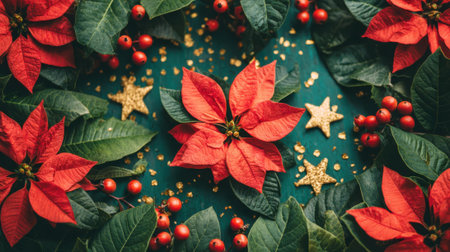 A beautiful overhead view of a Christmas arrangement featuring vibrant red poinsettia flowers, green leaves, and red holly berries.の素材