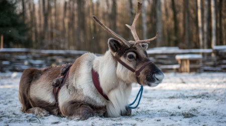 A reindeer with antlers lies down in the snow, harnessed and ready for transport in a winter forest setting.の素材