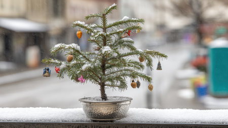 A small, festive Christmas tree adorned with ornaments and bells sits on a snow-covered window ledge, with a blurred winter street scene in the background.の素材