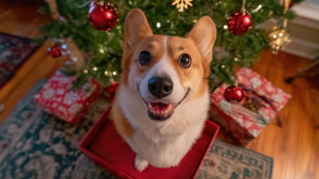 A joyful Corgi dog sits in a red gift box, surrounded by gifts and a decorated Christmas tree, embodying the holiday spirit.の素材