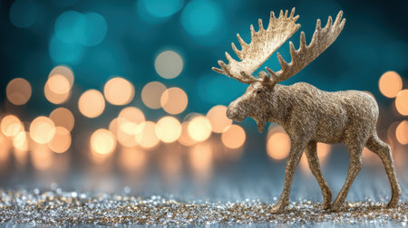 A detailed figurine of a moose with large antlers stands on a sparkling surface, illuminated by warm bokeh lights.の素材