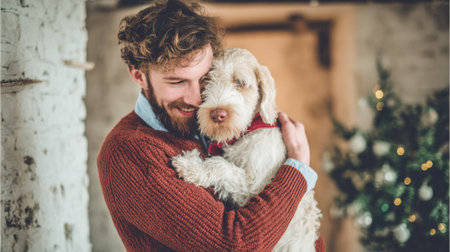 A man with a beard wearing a red sweater hugs his white dog in front of a Christmas tree.の素材